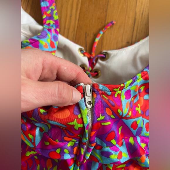 60s-70s Vintage Bullet Bra Psychedelic Print Maxi Dress w Corset Bust - Picture 2 of 4